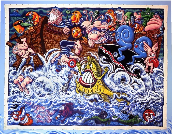 Hervé Di Rosa, Tous en bateaux (1988), 107 x 500 cm, exposée au Musée d'Art Moderne de la Ville de Paris