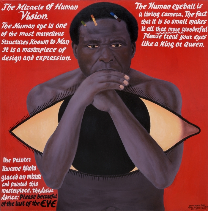 Kwame Akoto Almighty God, Autoportrait fond rouge, acrylique sur toile, 120 x 120 cm