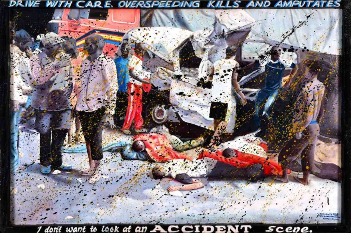 Kwame Akoto Almighty God, Accident scene, acrylique sur bois, 81 x 120 cm