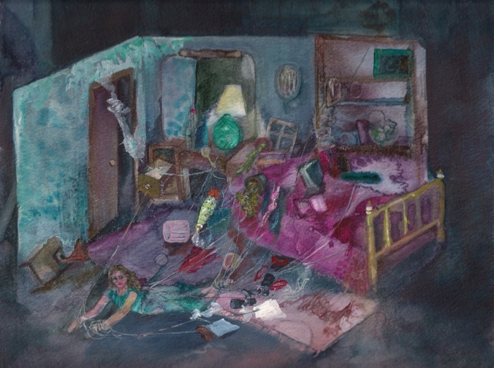 Bedroom Performance, mixed media on paper, 28 x 28 cm