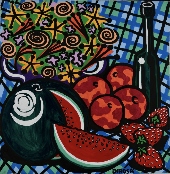 Hervé Dirosa, Nature morte, acrylique sur papier marouflé sur toile, 105 x 105 cm, 1992