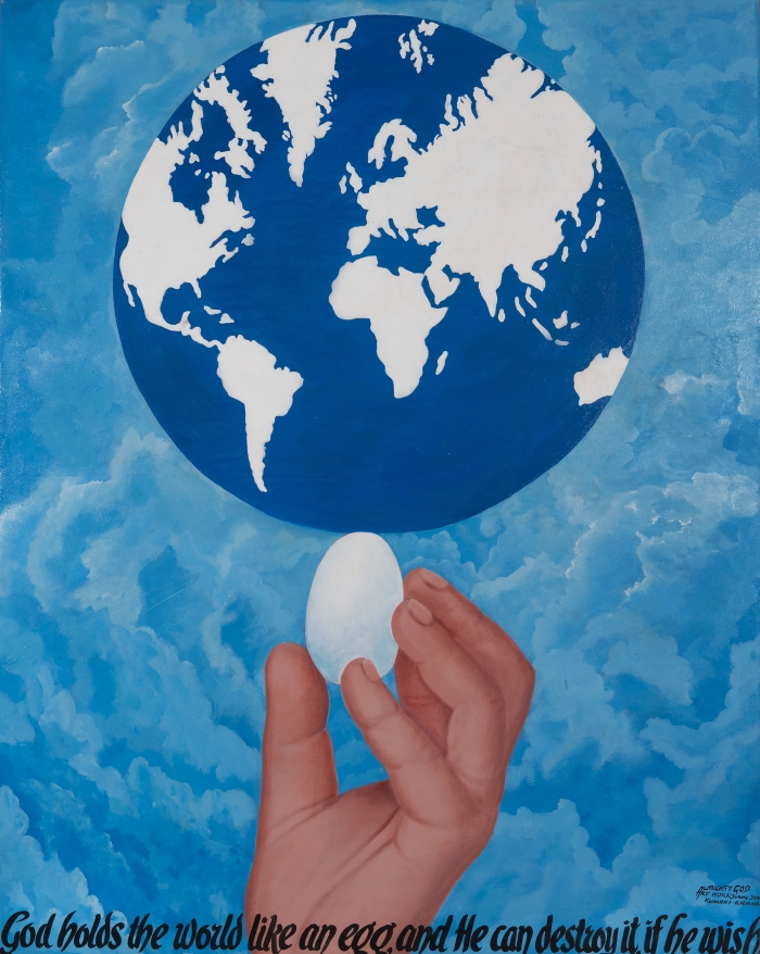 God holds the world like an egg, 2016, Acrylic on canvas, 143 x 115 cm