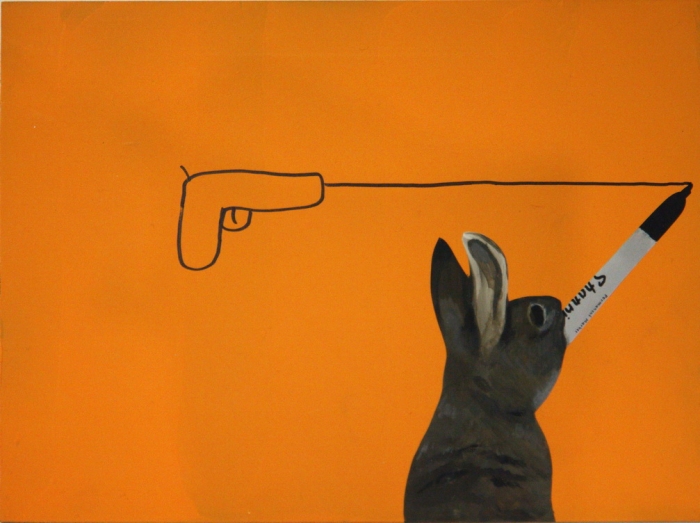 Rabbit with sharpie, 2010, Technique mixte sur panneau, 23 x 30 cm