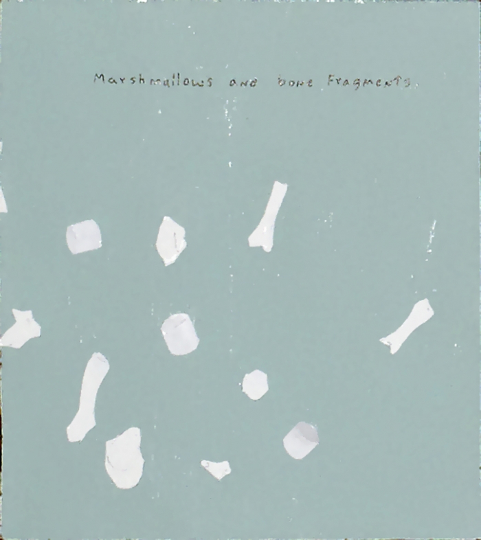 Marshmallows and bone fragments, 2011, Technique mixte sur panneau, 10 x 11,5 cm
