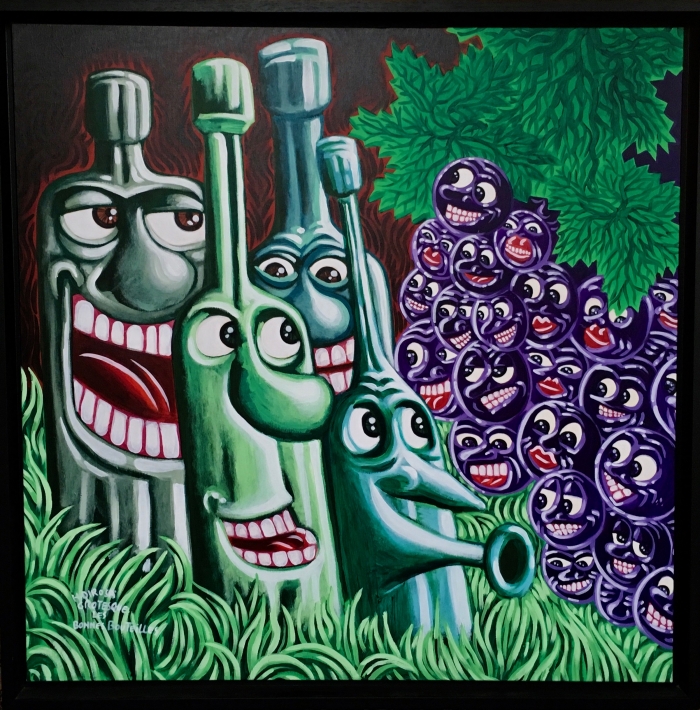 Hervé Di Rosa, Les bonnes bouteilles, grotesque, acrylique sur toile, 104 x 104 cm