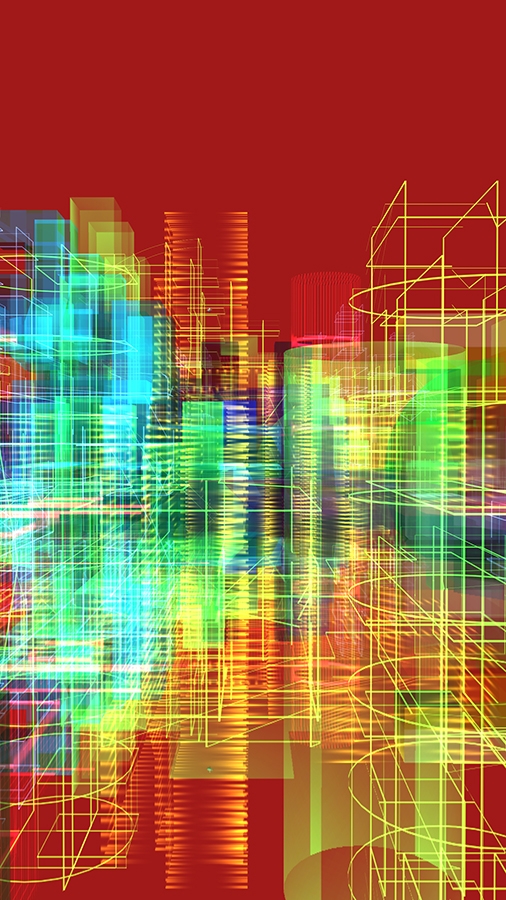 Méta-Cités 2013, oeuvre de réalité virtuelle générative,  LCD (112 x 64 cm)