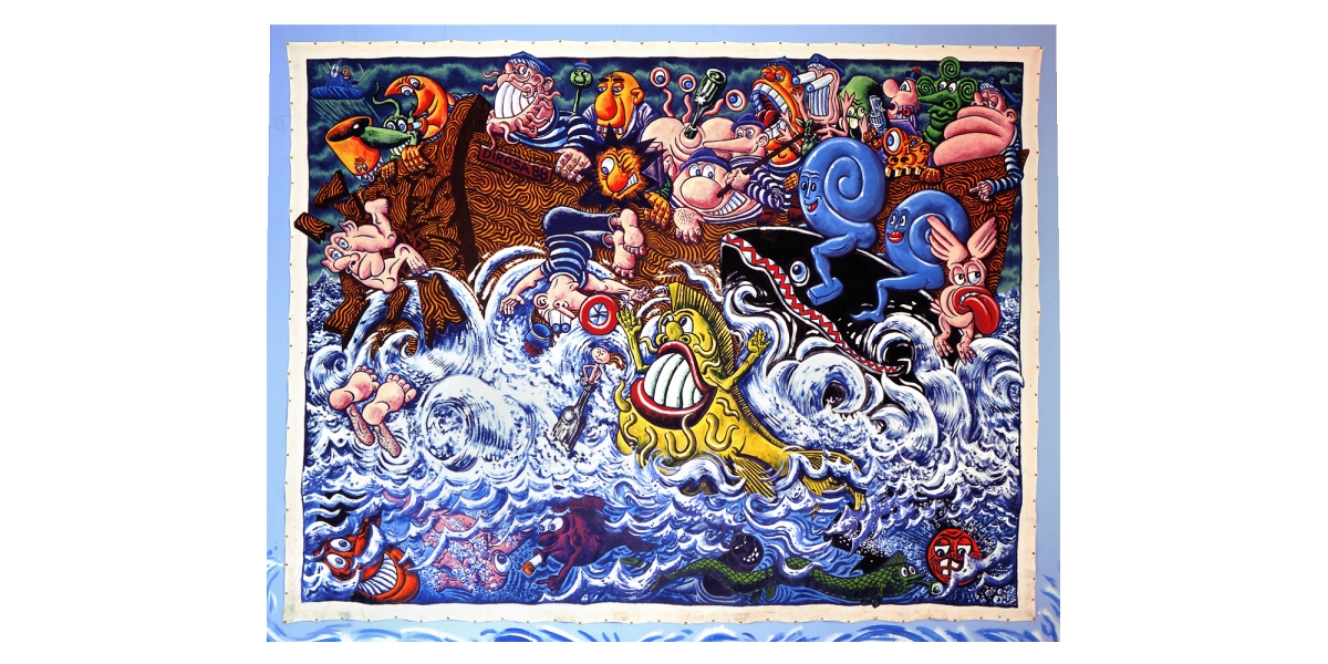 Hervé Di Rosa, Tous en bateaux (1988), 107 x 500 cm, exposée au Musée d'Art Moderne de la Ville de Paris