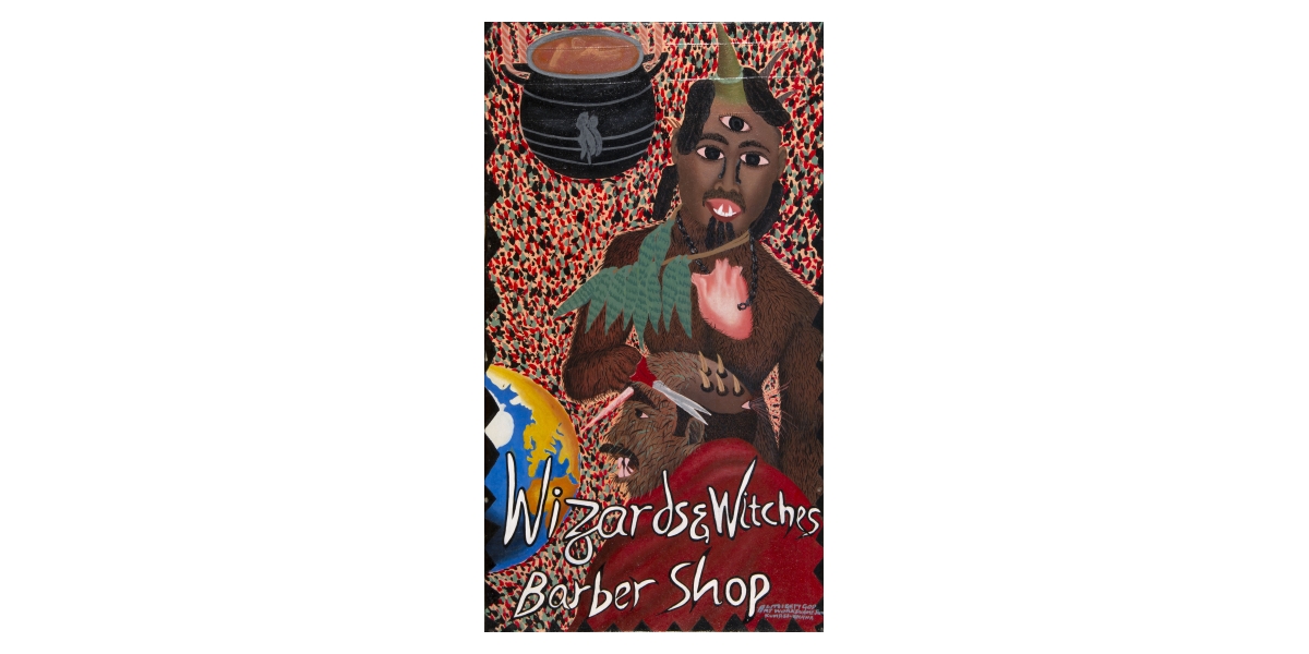 Kwame Akoto Almighty God, Wizards & witches barber shop, acrylique sur toile, 86,5 x 48,5 cm