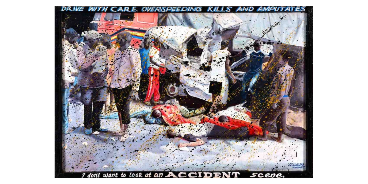 Kwame Akoto Almighty God, Accident scene, acrylique sur bois, 81 x 120 cm