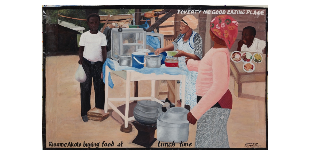 Kwame Akoto Almighty God, Food at lunch time, acrylique sur bois, 76 x 137 cm
