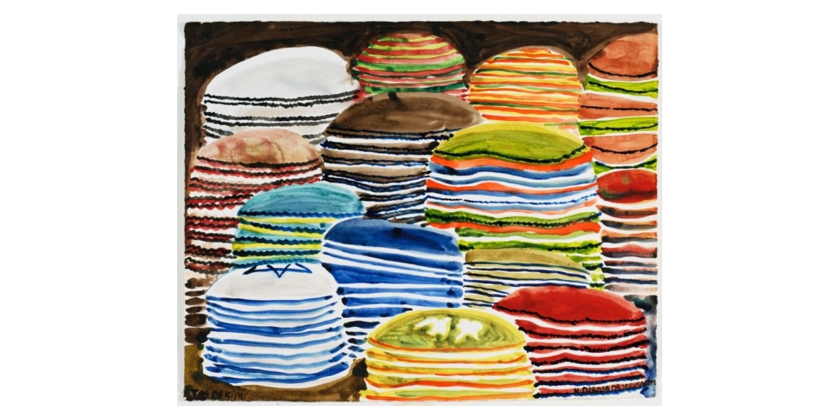 Kippot, 2010, acrylique sur toile, 141 x 160 cm, 17ème étape du tour du monde, Tel Aviv, Hervé Di Rosa