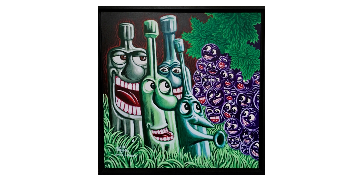 Hervé Di Rosa, Les bonnes bouteilles, grotesque, acrylique sur toile, 104 x 104 cm