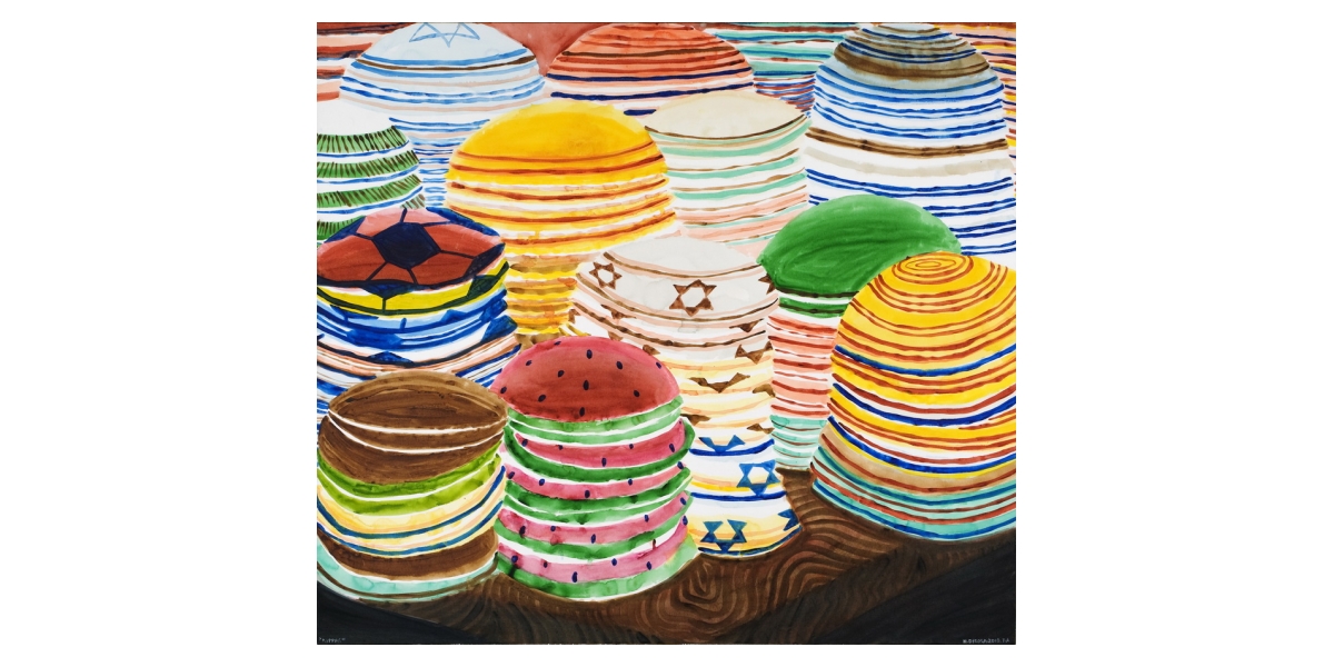 Hervé Di Rosa, Kippot (2010), acrylique sur toile, 141 x 160 cm, 17ème étape Autour du monde, Tel Aviv